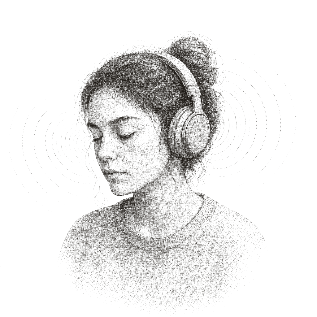 Une personne au casque, au réveil, illustration pointilliste